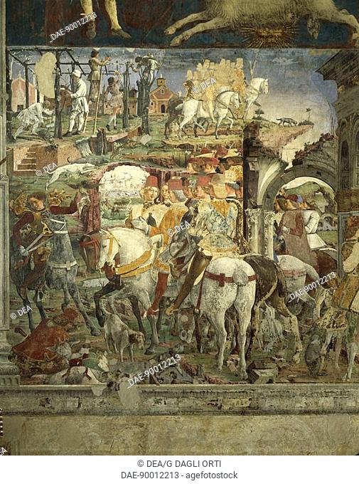 Borso d'Este departing for the hunt and images of rural life and winegrowers at work, scenes from Month of March, ca 1470, by Francesco del Cossa (ca 1435-1477)