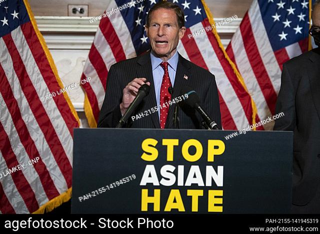 United States Senator Richard Blumenthal (Democrat of Connecticut) offers remarks during a press conference following Senate passage of the COVID-19 Hate Crimes...