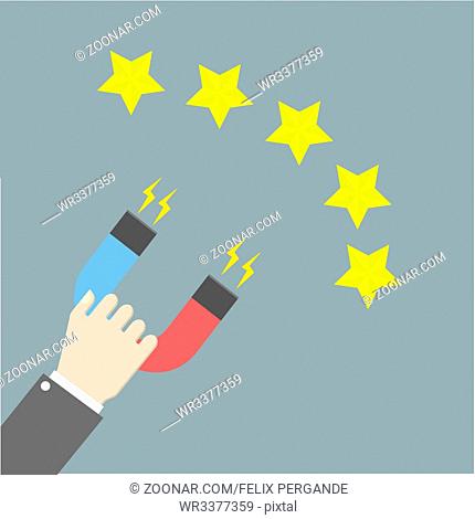 minimalistic illustration of a hand holding a magnet attracting rating stars, eps10 vector