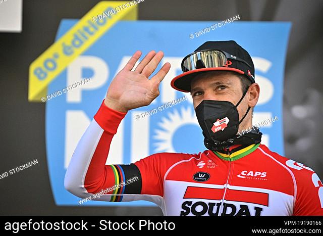 Belgian Philippe Gilbert of Lotto Soudal pictured on the podium after the second stage of 80th edition of the Paris-Nice eight day cycling stage race