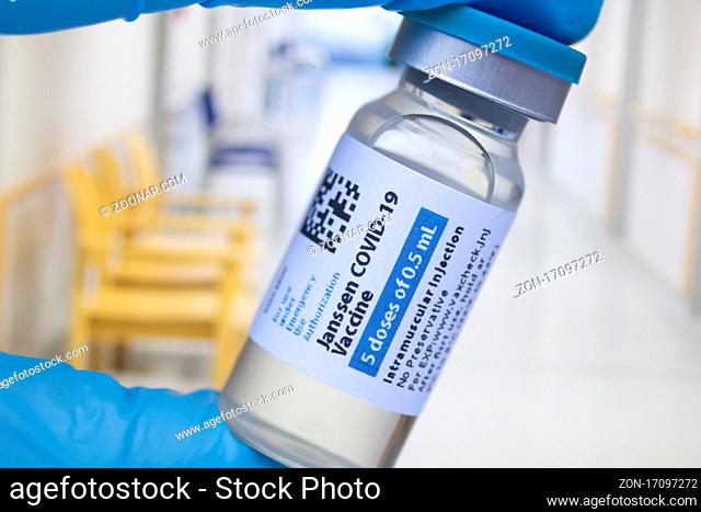 Calgary, Alberta. Canada. March 15, 2021. A health working holding a Janssen Covid-19 vaccine