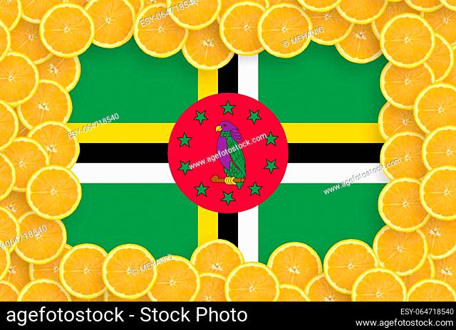 Dominica flag in frame of orange citrus fruit slices. Concept of growing as well as import and export of citrus fruits