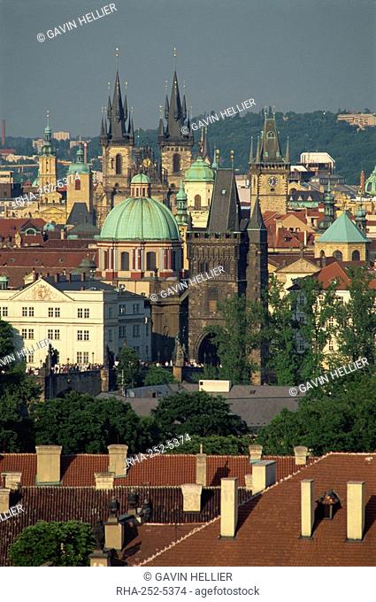 Skyline of the Stare Mesto district including Tyn Church, Charles Bridge and Town Hall in the city of Prague, Czech Republic, Europe