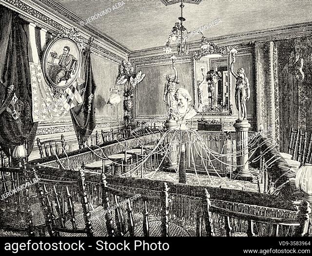 Edison's phonograph room, Mr. Pertierra's scientific show. Madrid, Spain. Old XIX century engraved illustration from La Ilustracion Española y Americana 1894