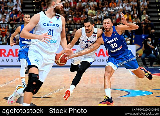 (L-R) Martin Kriz and Tomas Satoransky of Czech Republic and Nimrod Levi of Israel in action during the European Men's Basketball Championship, Group D