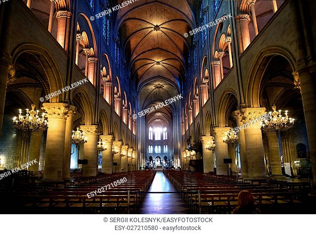 PARIS, FRANCE - AUGUST 24, 2016 : Interior of ancient cathedral Notre Dame de Paris, France