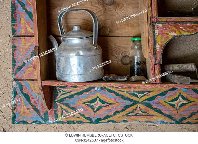 Teapot sits in built in shelf, Tighmert Oasis, Morocco