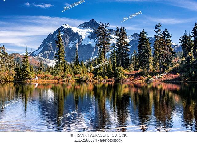 Reflection of Mount Shuksan in Picture Lake, Mt. Baker-Snoqualmie National Forest, Washington, United States of America