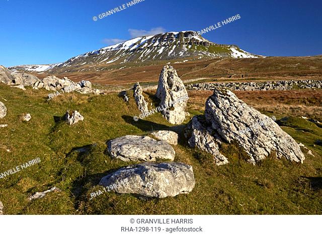 Snow capped Penyghent in the Yorkshire Dales National Park, Ribblesdale, North Yorkshire, England, United Kingdom, Europe