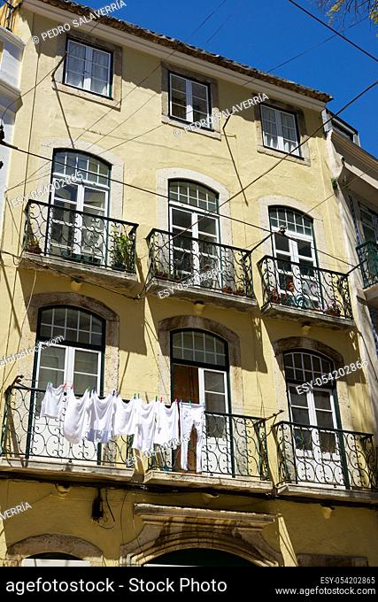 Clothes hanging in the sun in Alfama district in Lisbon, Portugal