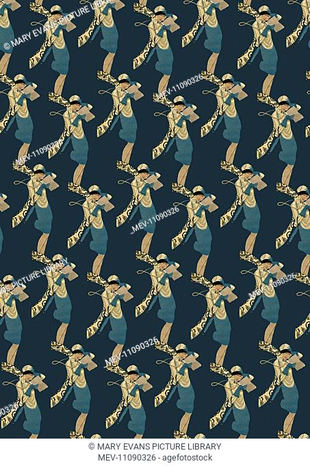 Repeating Pattern - Art Deco Woman - blue green background. *PLEASE NOTE that the magifying glass is solely to show the detail of the repeating pattern and will...