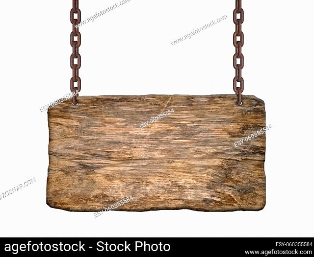 old wooden sign on chain isolated from white