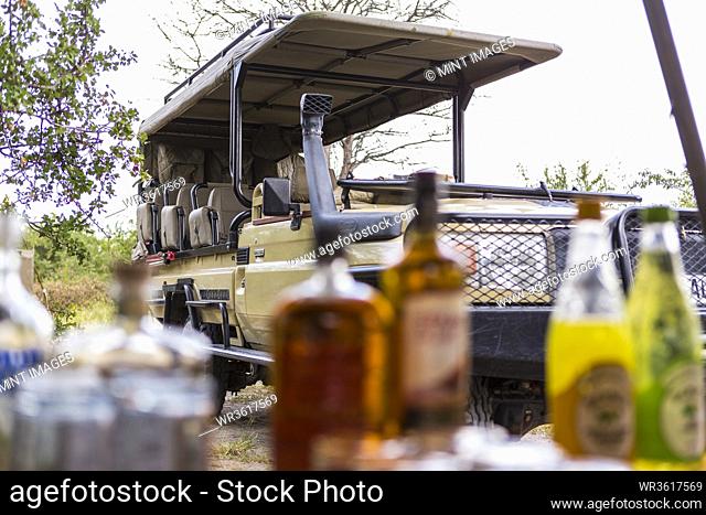 Safari vehicle parked, picnic table laid with bottles and food