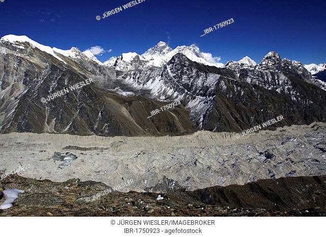 Ngozumpa Glacier with Everest massif from Gokyo Ri, Khumbu, Sagarmatha National Park, Nepal, Asia