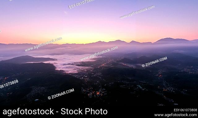 panoramic scenery of village in the mountain with twilight at Yuchi township, Nantou, Taiwan