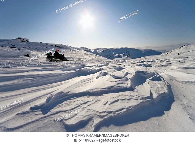Snowmobile in Riksgrensen in Lapland, Sweden, Scandinavia, Europe