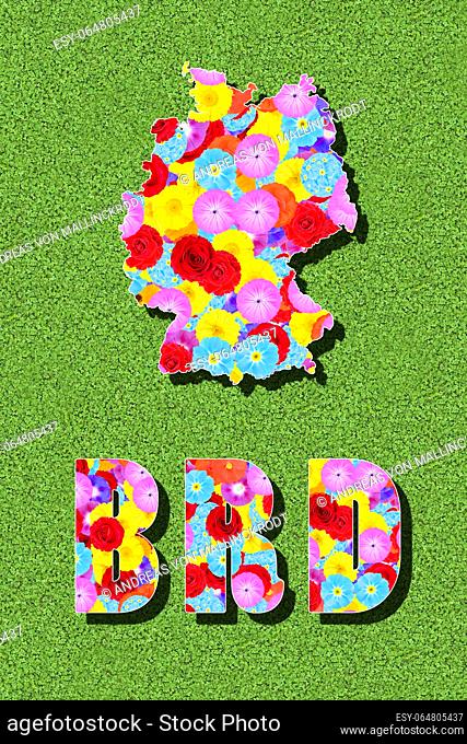 outline and written word of Germany, BRD, with colorful flowers on a green meadow, graphic, writing