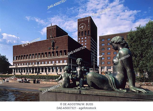 Oslo City Hall (Radhus), 1933-1950, designed by Arnstein Arneberg (1882-1961) and Magnus Poulsson (1881-1958), and a sculpture, Oslo, Norway, 20th century