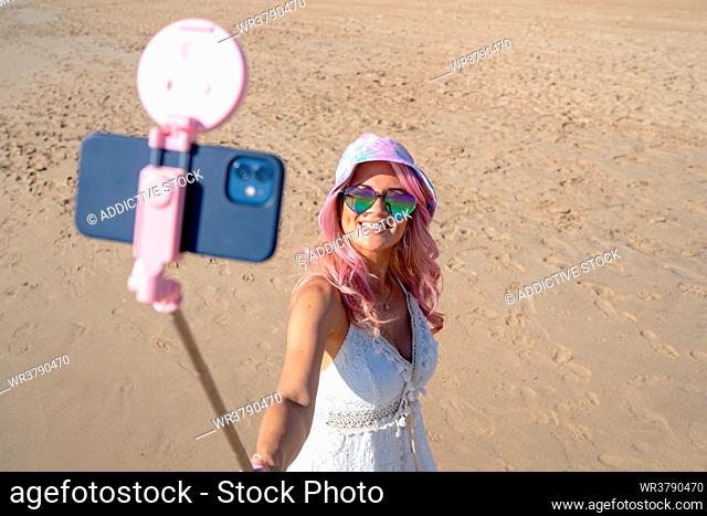 beach, summer, beach walking, selfie, selfie stick