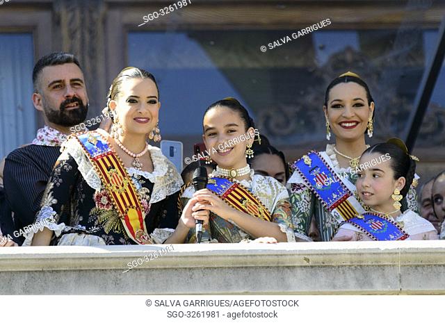 The Falleras Mayores de valencia Marina Civera Moreno and Sara Larrazabal Berna give the order to the pyrotechnician to start the castle fireworks of the...