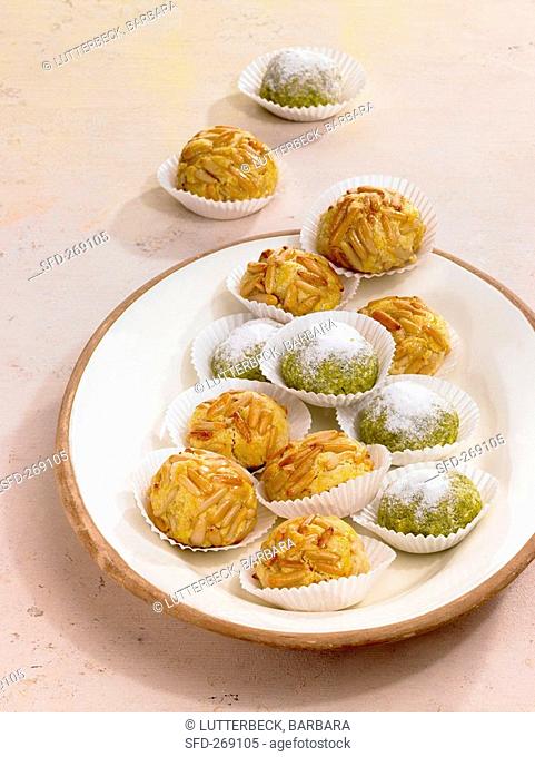 Panellets almond sweets and pistachio balls