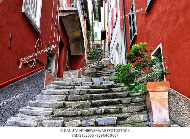 narrow street in Varenna on Lake Como, Province Lecco, Lombardy, Italy
