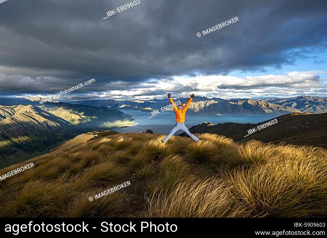 Hiker takes a skydive, view of Lake Hawea in the evening light, lake and mountain landscape, view from Isthmus Peak, Wanaka, Otago, South Island, New Zealand