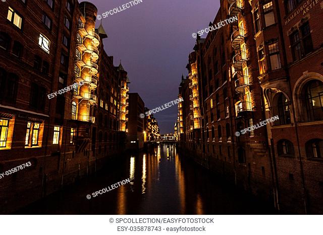 Warehouse district by night in Hamburg