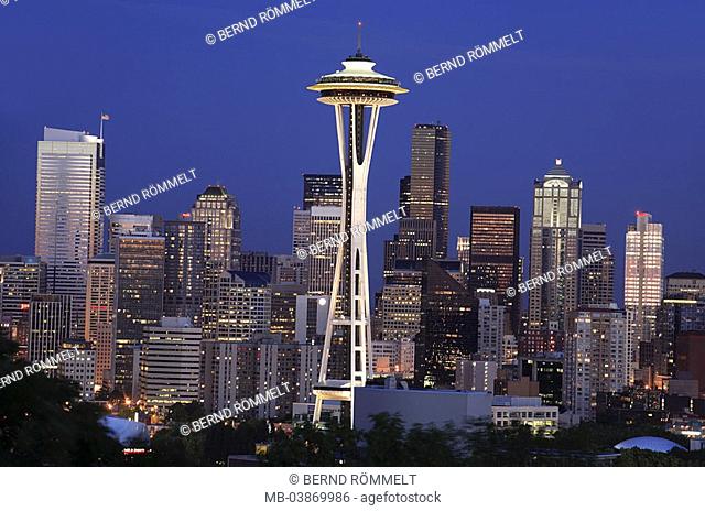 USA, Washington State, Seattle, city-opinion, Seattle Center, high-rises, outlook-storm, 'Space Needle', evening, North America, city, skyline, houses
