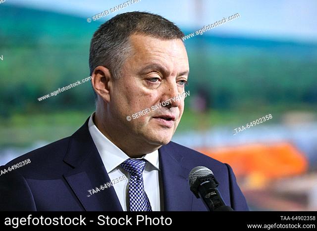 RUSSIA, MOSCOW - NOVEMBER 17, 2023: Irkutsk Region Governor Igor Kobzev speaks during the opening of Irkutsk Region Day during the Russia Expo international...