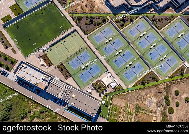 aerial view, rn sport center, rafael nadal tennis center, construction site, fartàritx, manacor, mallorca, balearic islands, spain, europe