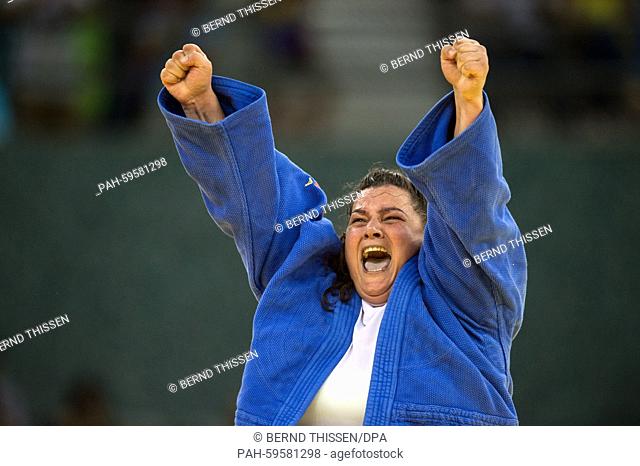 Belkis Kaya of Turkey celebrates in the Women's +78kg Bronze Medal Final at the Baku 2015 European Games in Heydar Aliyev Arena in Baku, Azerbaijan