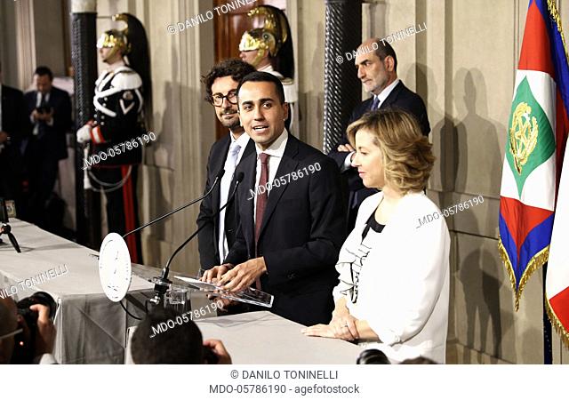 Italian politician Luigi Di Maio, leader of the Five Star Movement, with his colleagues Danilo Toninelli and Giulia Grillo at Quirinale after a round of...