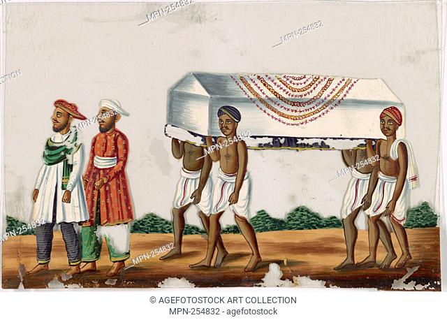 Casket with 4 bearers, 2 aristocrats leading procession. Indian coloured drawings: a collection of 177 original paintings on ""talc, "" etc