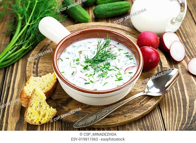 Cold summer soup with yogurt and vegetables
