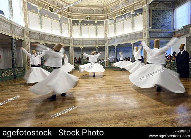 Dancing dervishes, dervish dance Sema, Mevlevihanesi Müzesi at Istiklal Caddesi, Istanbul, European part, Turkey, Asia