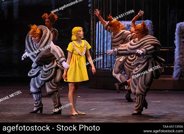 RUSSIA, MOSCOW - NOVEMBER 23, 2023: Ballet dancers Dmitry Muravinets as the Crow, Yelena Solomyanko as Gerda, Yevgeny Dubrovsky as the Prince