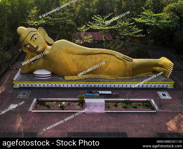 Aerial view of a 100 feet high statue of Gautama Buddha. It is located on the hilltop of North Mithachari in Ramu Upazila of Cox's Bazar, Bangladesh