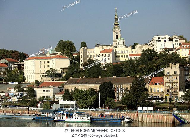 Serbia, Belgrade, skyline, general view, Sava river, boats, Orthodox Cathedral