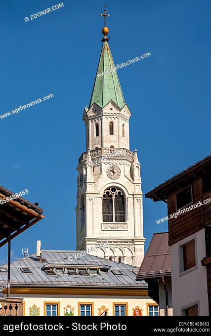 CORTINA D'AMPEZZO, VENETO/ITALY - AUGUST 9 :  View of SS Philip and Jacob Parish Church in Cortina d'Ampezzo, Veneto, Italy on August 9, 2020
