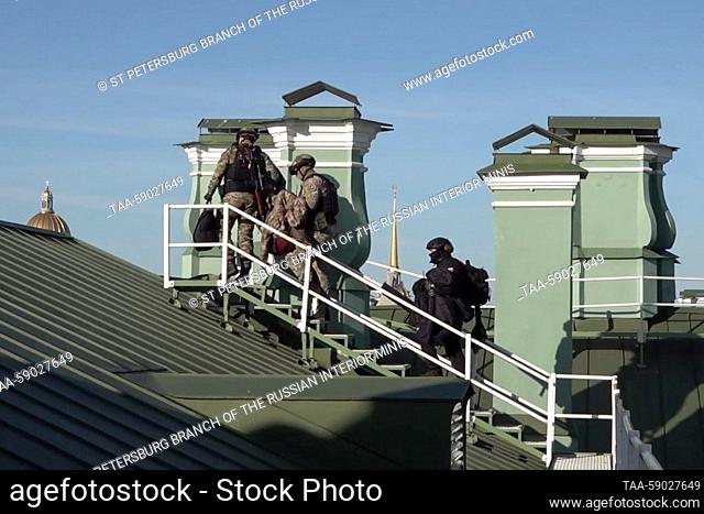 RUSSIA, ST PETERSBURG - MAY 9, 2023: Members of an anti-drone squad of the Russian police are on duty in St Petersburg on Victory Day