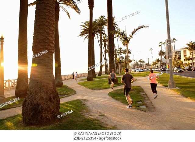 Joggers run through Palisades Park in the late afternoon sun, Santa Monica, City of Los Angeles, California, USA