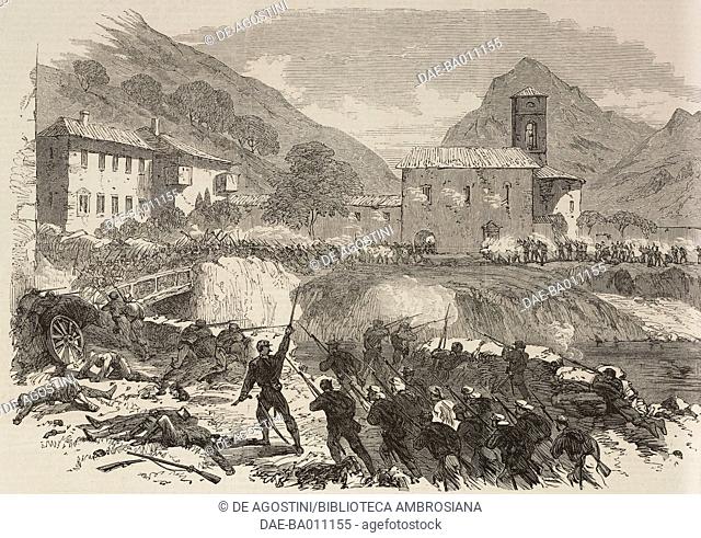 Battle of Ponte Caffaro between Austrians and Garibaldians, June 25, 1866, Italy, Third Italian War of Independence, illustration from the magazine The...
