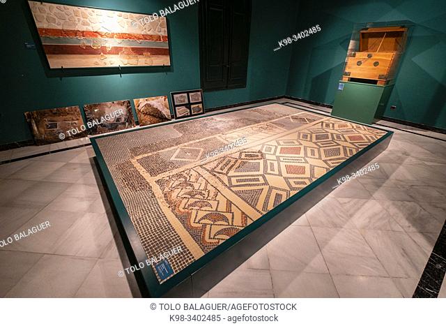 mosaico con decoracion geometrica, Opus tessellatum, siglos III - IV d. C, calle la Enramada, Calahorra, Museo de la Romanización, Calahorra, La Rioja , Spain