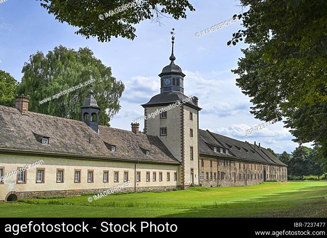 Forecastle with clock tower, entrance, gateway, Benedictine Abbey Corvey, Höxter, North Rhine-Westphalia, Germany, Europe