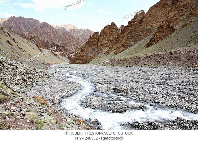 A river running through the jagged mountains of the Stok gorge in Ladakh, India