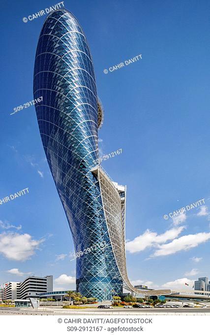 Exterior of the Capital Gate Hotel, designed by the architects RMJM Dubai located in Al Safarat, Abu Dhabi, United Arab Emirates