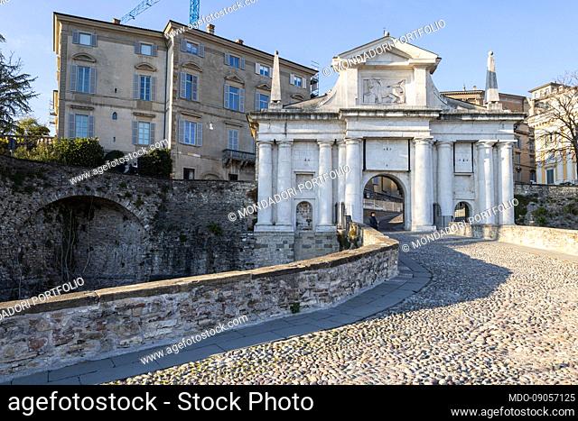 Porta San Giacomo in rosy white mark, the most monumental of the four entrance gates from the Venetian walls to the upper city