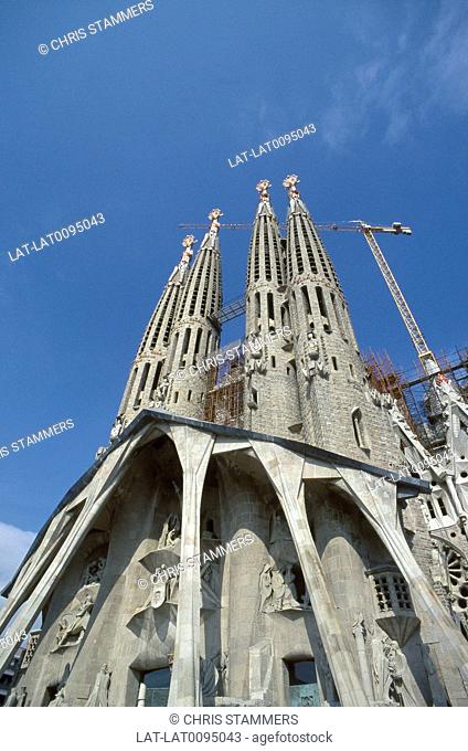 La Sagrada Familia. Gaudi cathedral. West facade. View of towers