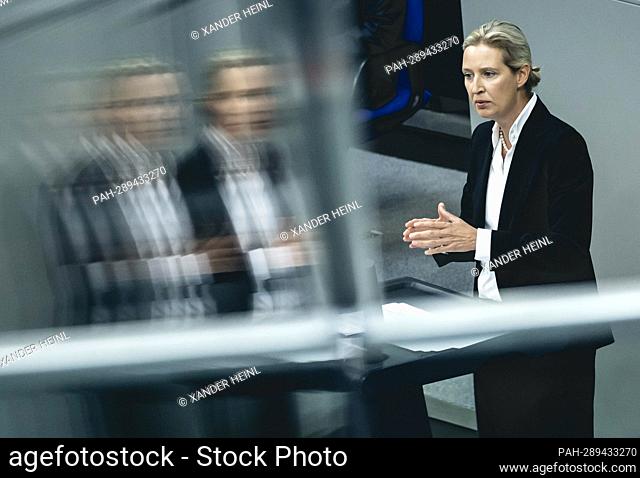 Alice Weidel, AfD parliamentary group leader, recorded during the general debate on the budget of the Federal Chancellor and the Federal Chancellery in the 40th...